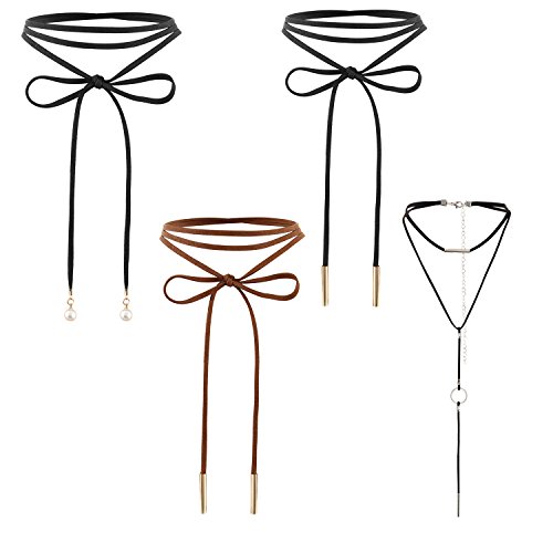 JewelryWe Schmuck 4 Stück Frauen Lange braun Schwarze Leder-gotische Seil Goldrohr Falsch Chokerhalsketten Collier, Quaste Halskette Länge einstellbare Halsband für Damen
