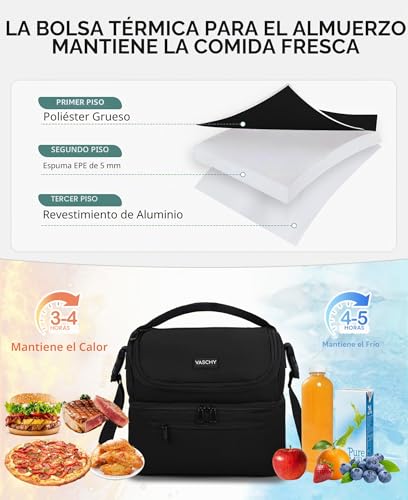Miniatura 4 de Vaschy Bolsa Térmica Porta Alimentos, Bolsa Comida Trabajo Bolsa Almuerzo Bolsa Isotermica Nevera Portatil Con Dos Compartimentos Y Correa Ajustable Para Picnics, Playa, Camping, 13,4 L, Negro