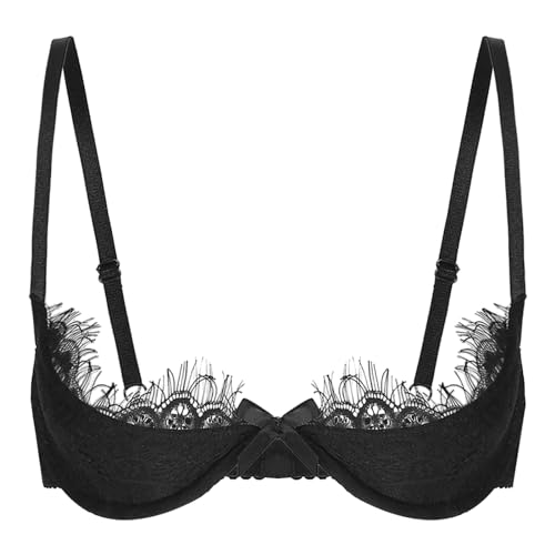 CHICTRY Woman's Lace Underwire Push Up Shelf Bra 1/2 Cup Demi Balconette Hollow Out Unlined Bra Tops 2# Black M