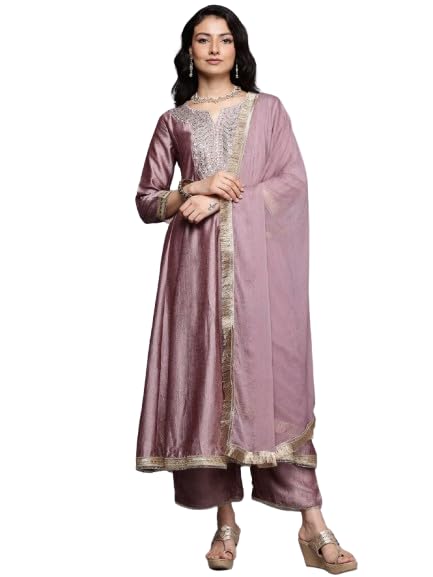 Varanga Women's Mauve Zari Embroidered Sequins Embellished Anarkali Kurta With Bottom And Dupatta