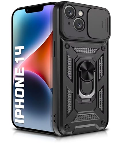 Image of WOW IMAGINE Tough Armor Bumper Mobile Back Case for iPhone 14 | Sliding Camera Shield Cover | Shock Proof 360 Protection | Hybrid PC + TPU | Ring Holder with Kickstand - Black