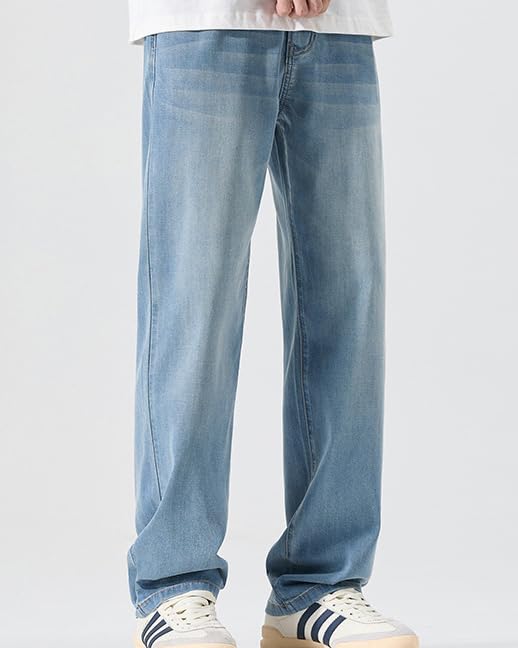 Men's Summer Streetwear Casual Retro High Waist Loose Straight Slim Stretch Blue Jeans3