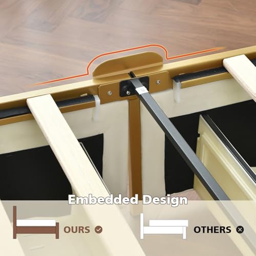 Queen Size Rounded Metal Upholstered Bed with , Velvet Platform Storage Bedframe with Headboard, Wooden Slats Support, No Box Spring Needed, Cream