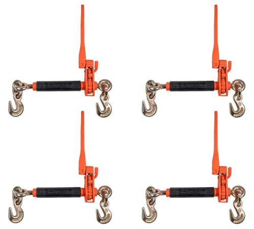 Image of Mytee Products 4 Pack 5 /16 inch - 3 /8 inch Hi-Viz Orange Quick Ratchet Folding Handle Ratchet Load Binder w /Grab Hook 7,100 lbs WLL | Tie Down Hauling Chain Binders for Flatbed Truck Trailer