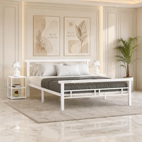 Image of Queen Size Metal Bed Frame with Headboard & Footboard | Queen Metal Bed | QueenSize Iron Bed | Queen Steel Bed | Heavy Duty Platform Bed | Double Bed Cot | Steel Slats | No Box Spring Needed | White