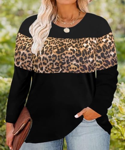 Image of CARCOS Plus Size Tops for Women Color Block Flower /Striped /Camo Crew Neck Long Sleeve Tee Shirt