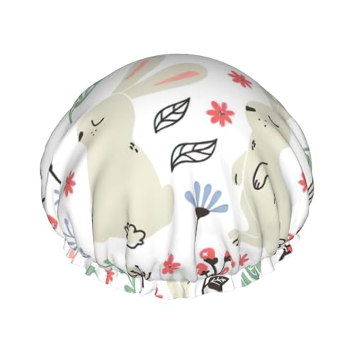 Gorro de ducha con estampado de flores y conejitos, gorro de pelo reutilizable con forro y banda elástica con dobladillo elástico