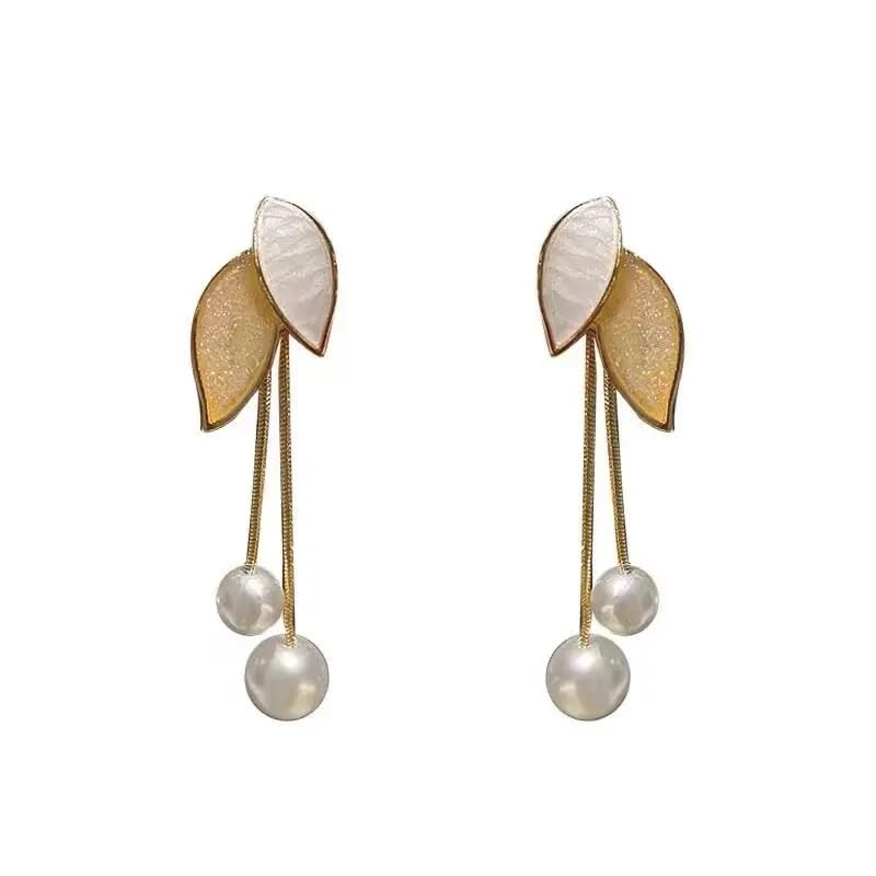 El Regalo Leaf Pearl Tassel Contemporary Drop Earrings For Girls & Women- Gold Tone Leaf Pearl Dangler Earrings (Golden) (B0CSSN3QND) Amazon Price History, Amazon Price Tracker