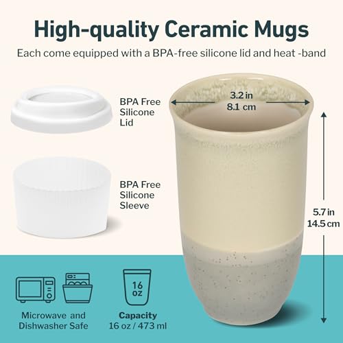Image of NOVA CERAMICS Travel Mug - Ceramic Coffee Mug With Lid - Microwave & Dishwasher Safe Coffee White & Grey Tumbler - Gifts For Women Men Him Her - 16oz - Mist