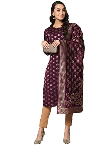 Image of VredeVogel Women's Cotton Silk Blend Straight Kurta With Dupatta with Banarasi Silk Dupatta