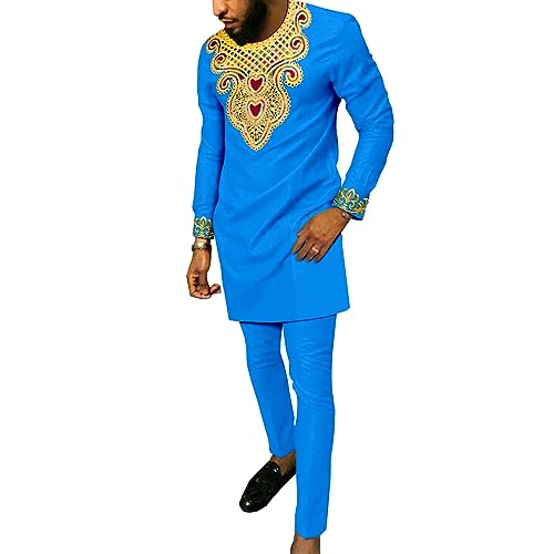 African Suits for Men Embroidery Shirts and Pants 2 Piece Set Dashiki Outfits Tribal Kaftan for Wedding