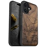 Carveit Magnetic Wooden Case for iPhone 16 Case, Wood Artisan Engraved & Black Soft TPU Shockproof Cover, Compatible with MagSafe Wireless Chargers (Lakes and Mountains) Walnut