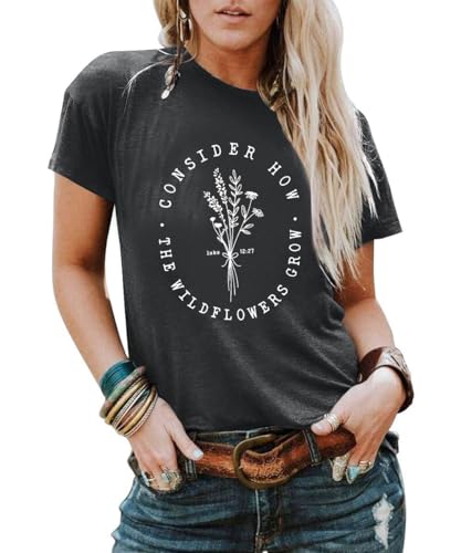 Halloween Shirt for Women Funny Spooky Season Tshirt Boho Wildflower Shirt Country Music Western Graphic Tees Shirt Dark Grey