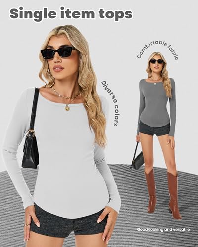 Huukeay 3 Pack Boat Neck Long Sleeve Tops for Women, Cotton Ribbed Fitted Shirts Curved Hem Crop Top Casual Basic Tees Go Out4
