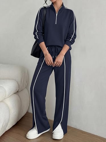 BTFBM Two Piece Sets for Women Fall Fashion 2026 Long Sleeve Half Zip Lounge Set Wide Leg Pants Vacation Airport Outfits (Navy,X-Large) — view 3