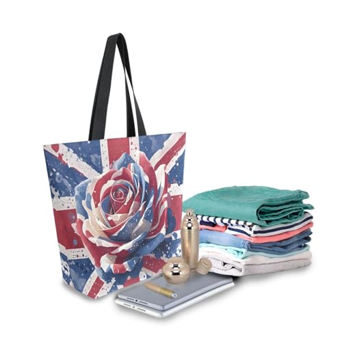 Extra Large Shoulder Tote Bag for Beach Travel Weekender Gym British Flag Rose Reusable Grocery Canvas Shopping Bag3