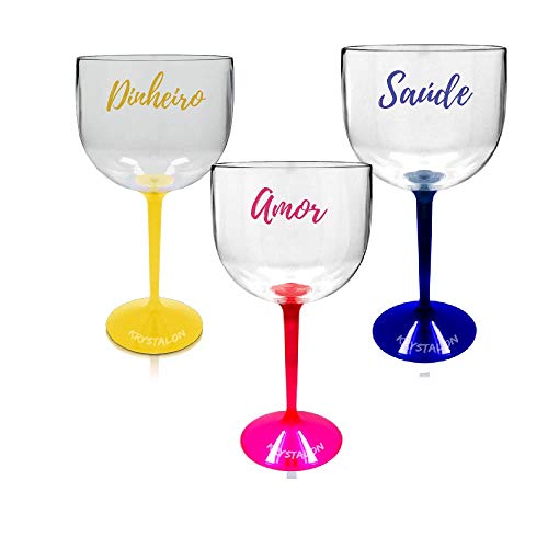Kit 3 Taças Gin Bicolor Personalizadas Dinheiro, Amor & Saúde