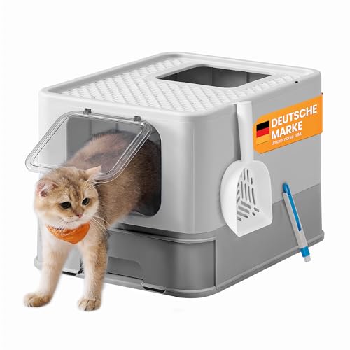 Feandrea Katzenklo, Katzentoilette, mit Deckel, ausziehbares Tablett, Schaufel, Bürste, für Katzen bis 15 kg, weniger Spuren, auslaufsicherer Boden,...