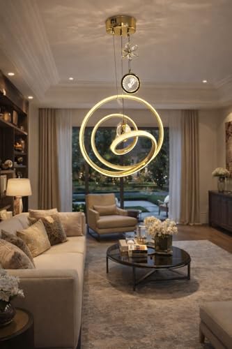 Image of Premium LED Ring Stylish Gold Finish with 3 Different Color Mode (Warm White, Cool White, Neutral White) Changing Chandelier with Height Adjustable Hanging for Bedroom, Living, Dining,and Home