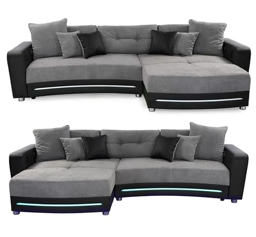 Multimedia Ecksofa B322/T190/H88 cm mit RGB-LED Beleuchtung, Soundsystem inkl. Bluetooth, USB, AUX-in, Couch spiegelverkehrt montierbar, Korpus Kunstleder Schwarz u. Bezug Mikrofaser Grau / 15411