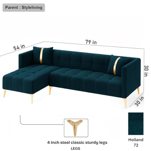 Image of Furny Styling 4 Seater Fabric LHS L Shape Sofa Set (Greenish Teal) | Soft Velvet Fabric | Modern Design | Comfortable Seating | Living Room Furniture