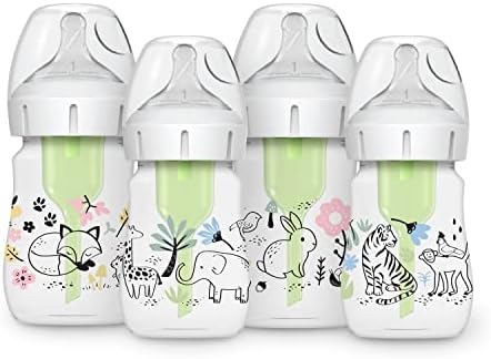 Dr. Brown's Anti-Colic Options + Wide-Neck Baby Bottle Designer Edition, Woodland + Jungle, 5 oz/150 mL, Level 1 Slow Flow Nipple, 0m+, 4-Pack