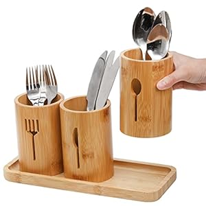 Lyellfe silverware holder bamboo utensil organizer with tray rustic farmhouse kitchen cutlery flatware holder organizer for spoons knives and forks ideal for kitchen and restaurant  urban country home decor