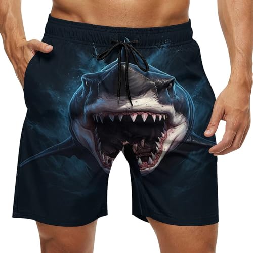 Men's Sharks Swim Trunks, Quick Dry Beach Board Shorts with Mesh Lining and Pockets
