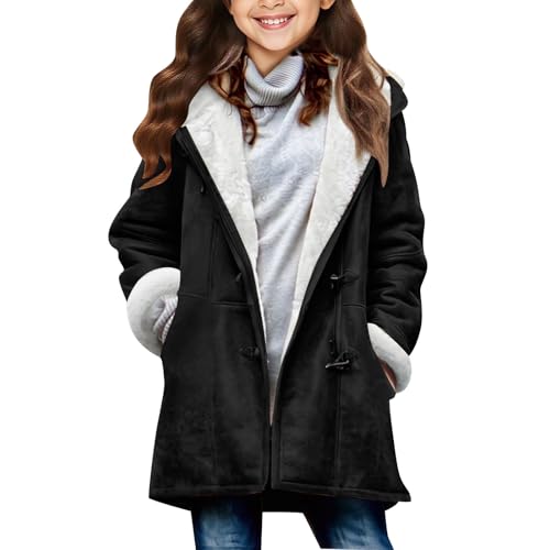 Girls Winter Coats Sherpa Lined Hooded Long Jackets with Pockets Button Front Thicken Warm Coat Fuzzy Fleece Jacket