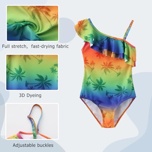 Image of Girls One Piece Swimsuits One Shoulder Ruffle Bathing Suit Kids Hawaiian Floral Swimwear 3-16 Years