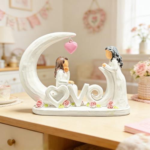 Figura decorativa madre e hija en resina con corazón rosa miniatura 7