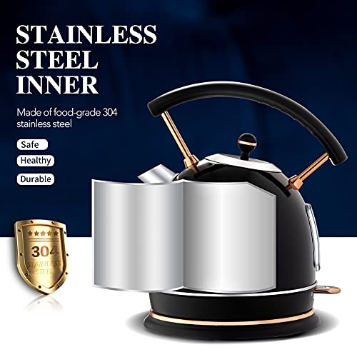 Pukomc Retro Electric Kettle 1.8L, Stainless Steel Portable Fast Boiling, Cordless with LED Light, Unique Appearance with Temperature Control, Auto Shut-Off&Boil-Dry Protection (Black)