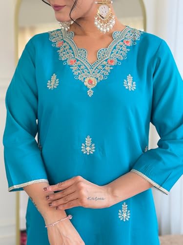 Image of Naixa Women's Viscose Embroidered Straight Kurta with Pant and Dupatta Sets (Available in Plus Size) (NX-674)