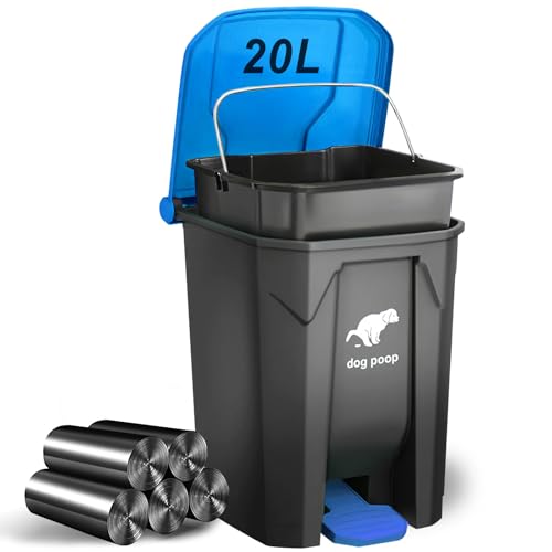 Image of Dog Poop Trash Can Outside, 20L /5Gallon Dog Waste Trash Can with Lid, Pedal and Removable Inner Waste Bin, Pet Poop Bucket with 100 Bags, Blue