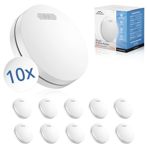 ALPENLUFT Detector de Humo Inalámbrico en Red 10 Años Batería, Alarma de Humo y Detector de Calor 2en1, Alarma de Incendios, Detector de Incendios, Sin Taladrar, Sin LED Intermitente (Set con 10)