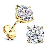 SLLAISS Moissanite Earrings - 925 Sterling Silver Round Cut 2CT Diamond Look Sparkle Stud Earrings for Women Men Hypoallergenic 18K Gold Plated Stud D Color VVS1 Clarity