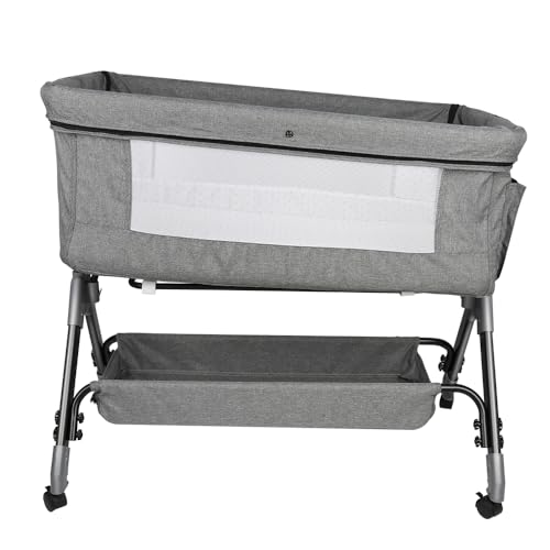 HUOLE Beistellbett Baby,4-stufig Höhenverstellbar,3 in 1 Babybett und Babywiege,Kinderbett mit Rollen,Moskitonetz, 20° Neigung Babybett, 104 * 52 * 100-110cm – Leinengrau