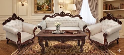 Image of Wooden 5 Seater Sofa Set with Center Table 3+1+1 Solid Wood Hand-Carved White Traditional Design Furniture for Living Room Home Office