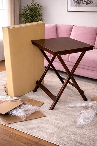 Image of fplus Teak Wood Folding Table 18x20x27 Inches | Tall Side Table for Sofa, Bed & Garden