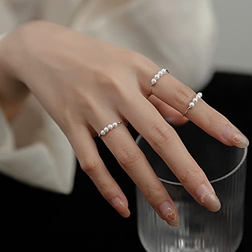 Dainty Pearl Sterling Silver Open Staking Ring for Women Elegant Ball Beads Spinner Fidget Anxiety Worry Adjustable Statement Promise Eternity Wedding Rings Tail Finger Band Cute Jewelry Gifts BFF4