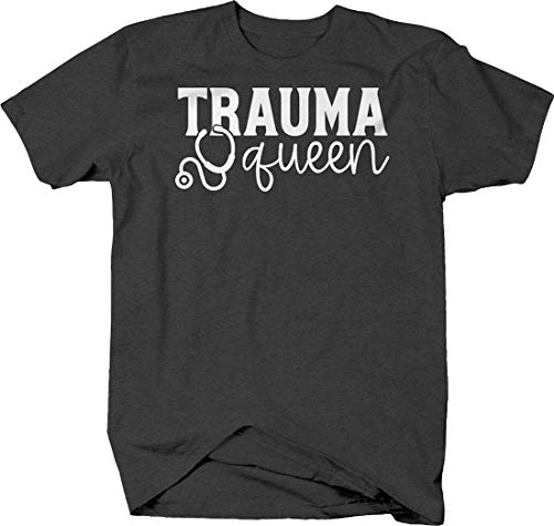 LIFESTYLE SHIRTS & GRAPHIX Trauma Queen caps Cursive Stethoscope Funny EMT Paramedic Job Tshirt Medium Gray