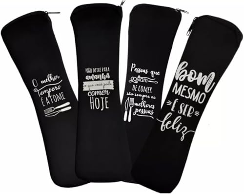 Porta Talheres Neoprene Com Frases Motivacionais Bolsinha Estojo Portatil Viagem Marmita Com Ziper Garfo Faca Canudo Reutilizavel Escova de Dente (Preto)