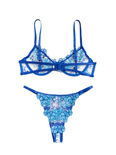 Image of Lilosy Sexy Floral Embroidered Mesh Sheer Underwire Lingerie Set