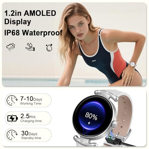 Image of uaue Smart Watches for Women Android iOS, 1.2'' Fitness Trackers with Bluetooth Call (Answer /Make), Smartwatch with Heart Rate,Sleep Monitor, IP68 Waterproof,100+ Sports Mode,White and Silver