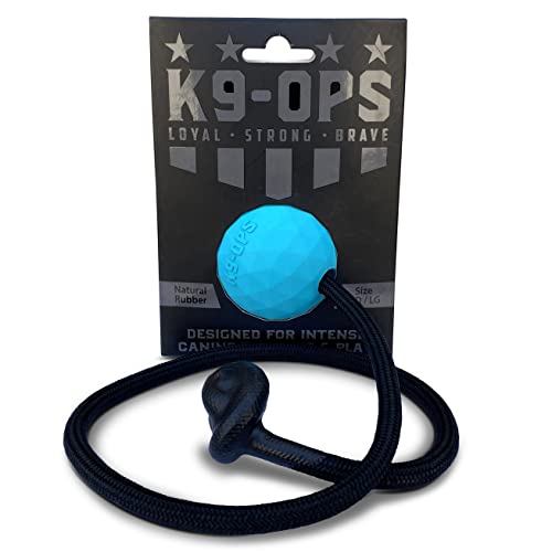 K9 Ops Dog Ball on a Rope Moki Tug Toy - Solid Rubber Fetch Training Reward - Large Dogs Durable Indestructible Chewers Pitbull Dobermann Rottweiler Shepherd (Lagoon Blue - Black Rope)
