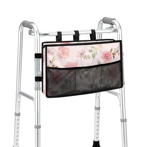 Jnoscergon Walker Basket for Seniors with Multi Pockets Floral Walker Bag Large Capacity Storage Bag with Zipper for Folding Walkers