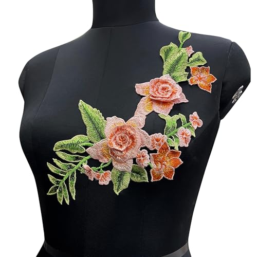 Image of Embroidered Colorful Neckline Design Sewing Neck Applique with, Sew On Patch Neck Applique Dress Motif Applique (Red Rose)