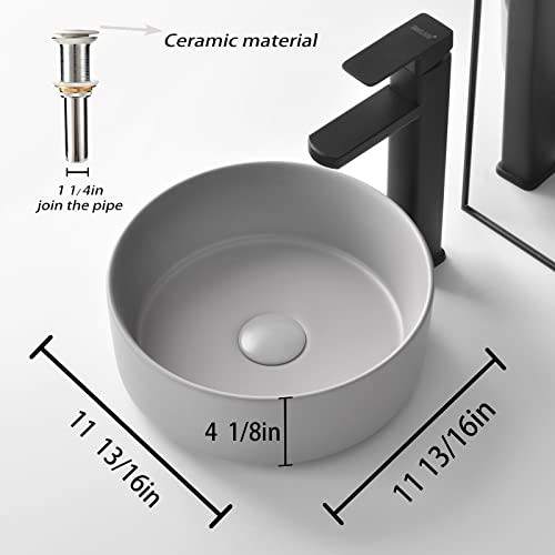Pakroman Round Vessel Sink Modern Bathroom Sink Grey Porcelain Ceramic Above Counter Bathroom Vessel Sink 12"X12" Contemporary Countertop Small Vessel Vanity Sink With Pop Up Drain, Soap Dish #TOP2