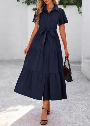 Image of KIRUNDO Summer Button Down Wedding Guest Shirt Dresses for Women Maxi Flutter Short Sleeve Flowy Tiered Beach Sun Dress