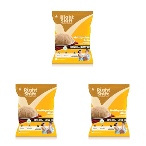 Image of Right Shift High Protein Multigrain+ Atta, 1kg | 30% MORE protein |0% Maida| High Fibre Atta | Low GI | 18g protein in 4 rotis | Oats, Chana, Whole Wheat | Healthy Atta (Pack of 3)